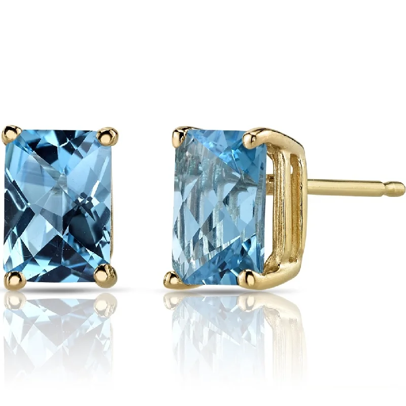 women's handmade earrings -14k Yellow Gold Swiss Blue Topaz Stud Earrings 2.25 ct Radiant Shape