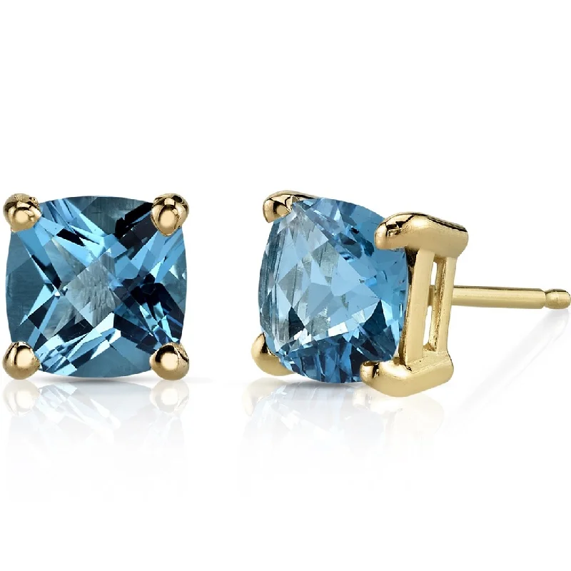 trendy safety pin earrings for women -14k Yellow Gold Swiss Blue Topaz Stud Earrings 2.26 ct Cushion Shape