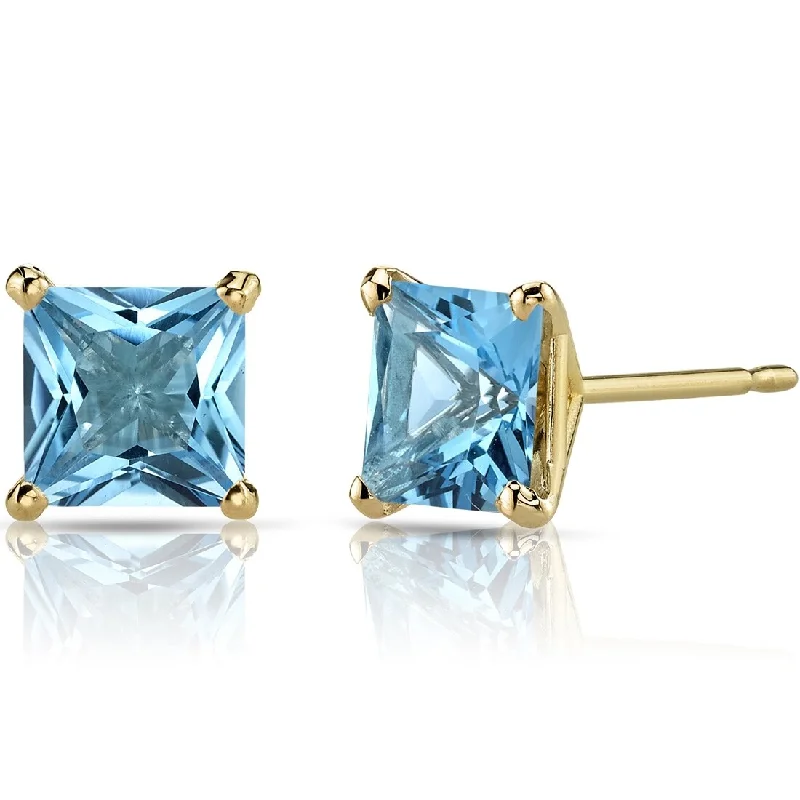 ladies' threader earrings -14k Yellow Gold Swiss Blue Topaz Stud Earrings 2.54 ct Princess Shape