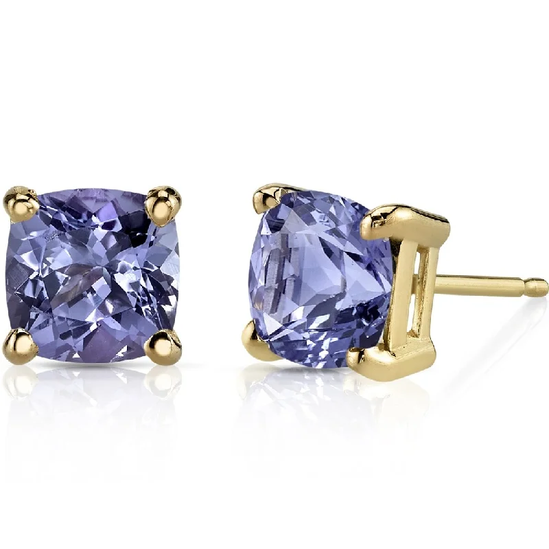 ladies' Korean-style earrings -14k Yellow Gold Tanzanite Stud Earrings 2 ct Cushion Shape