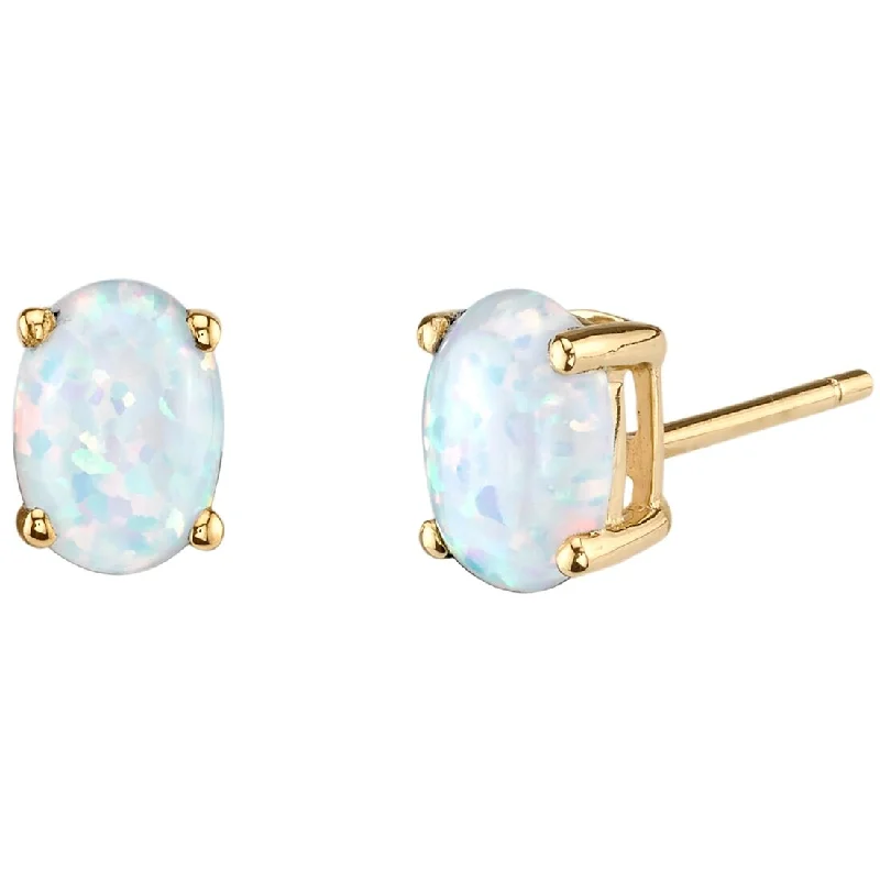 women's geometric dangle earrings -14k Yellow Gold White Opal Stud Earrings 1 ct Oval Shape