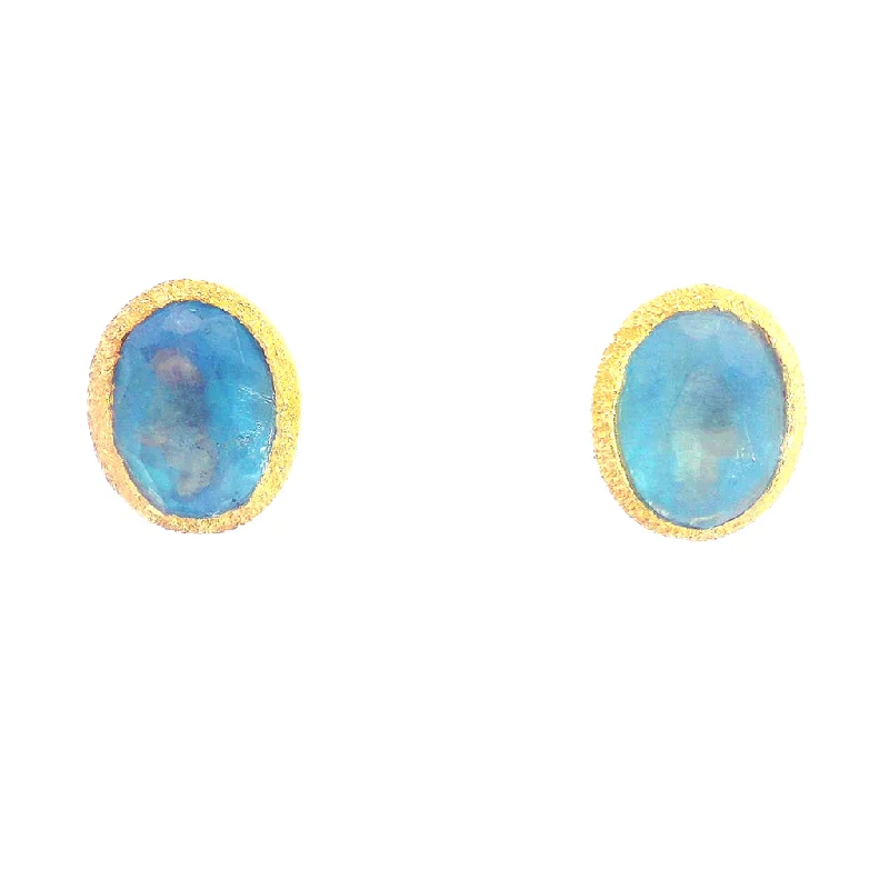 ladies' floral earrings -18K Yellow Gold Vermeil Oval Aquamarine Stud Earrings