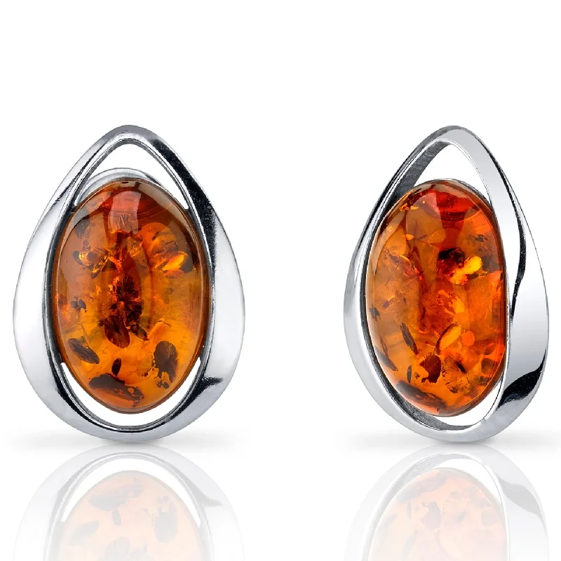 women's ear climbers -Baltic Amber Oval Stud Earrings in Sterling Silver