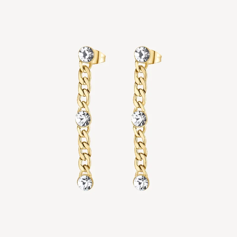 women's oversized statement earrings -Crystal Chain Drop Earrings in Gold Plated Stainless Steel