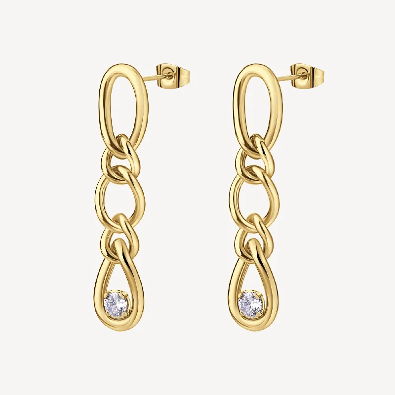 stylish ribbon earrings for women -Cubic Zirconia Long Link Drop Earrings in Gold Plated Stainless Steel