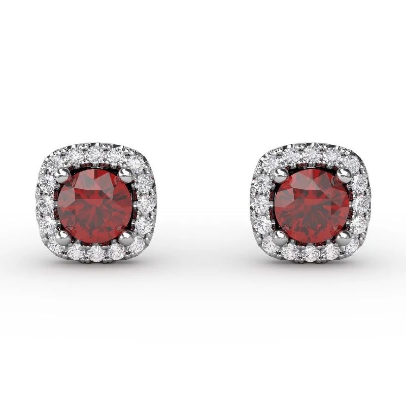 women's moonstone earrings -Diamond and Ruby Halo Stud Earrings in 14K White Gold