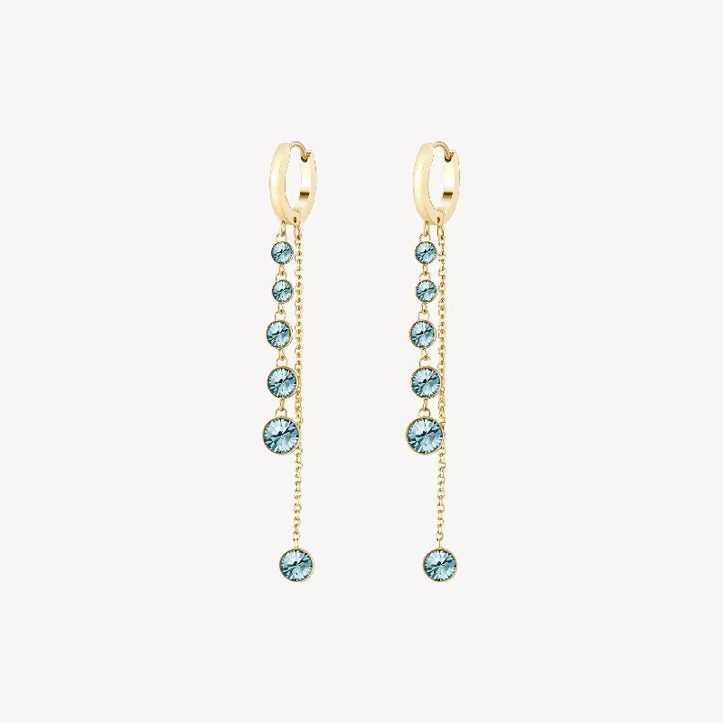 trendy mismatched earrings for women -Double Strand Colored Crystal Drop Earrings in Gold Plated Stainless Steel