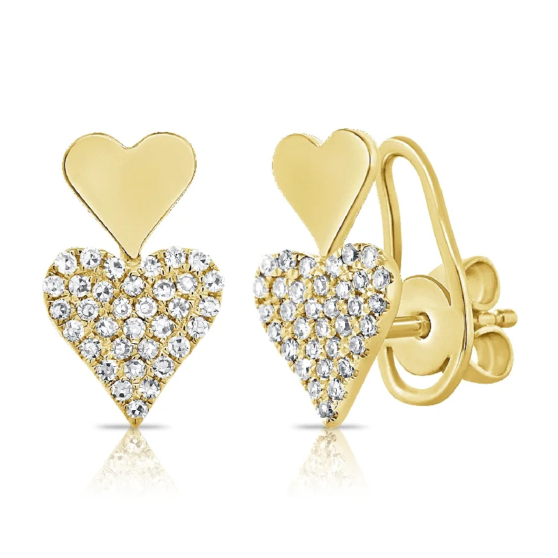 ladies' feather earrings -Elongated Pave Double Heart Studs