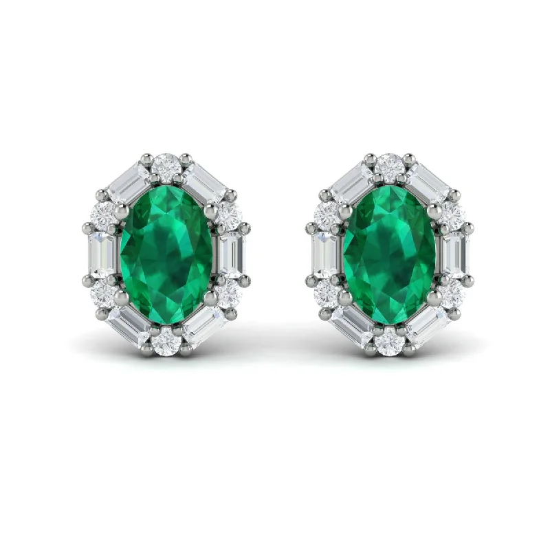 women's pearl earrings -Emerald & Diamond Halo Stud Earrings in 14K White Gold