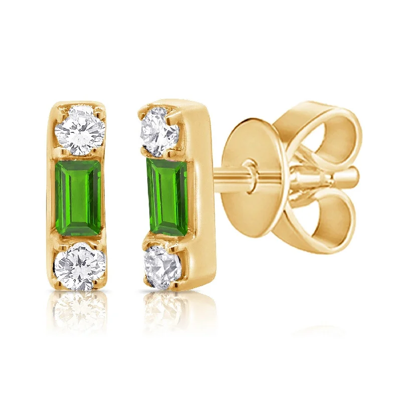 trendy resin earrings for women -Joelle Diamond & Green Tsavorite Baguette Tiny Stud Earrings 14K Gold