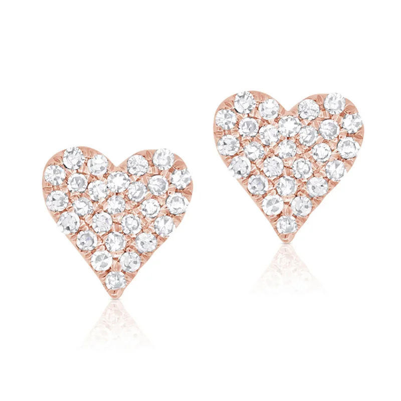 women's hammered metal earrings -Joelle Diamond Pave Heart Stud Earrings 14K Rose Gold Stud Earrings