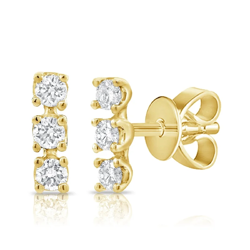 women's tribal-inspired earrings -Joelle Diamond Three Stone Bar Stud Earrings 1/10 ct. t.w. 14K Gold