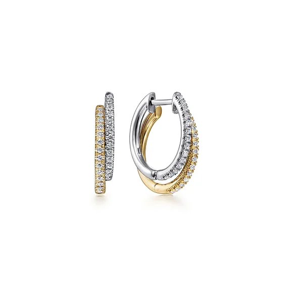 women's ear cuff earrings -Layered Diamond Huggie Earrings in 14K Two Tone Gold