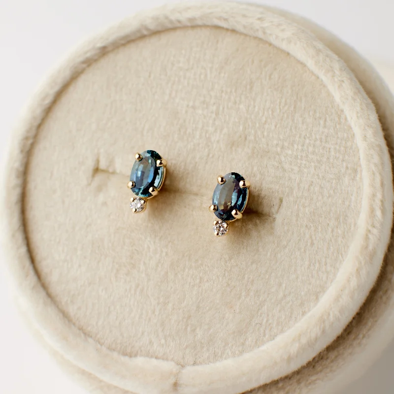 women's sunburst earrings -Margot Earrings - Ocean Blue Oval Sapphires + Diamond