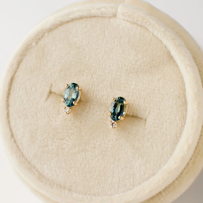 women's beaded earrings -Margot Earrings - Teal Blue Oval Sapphires + Diamond