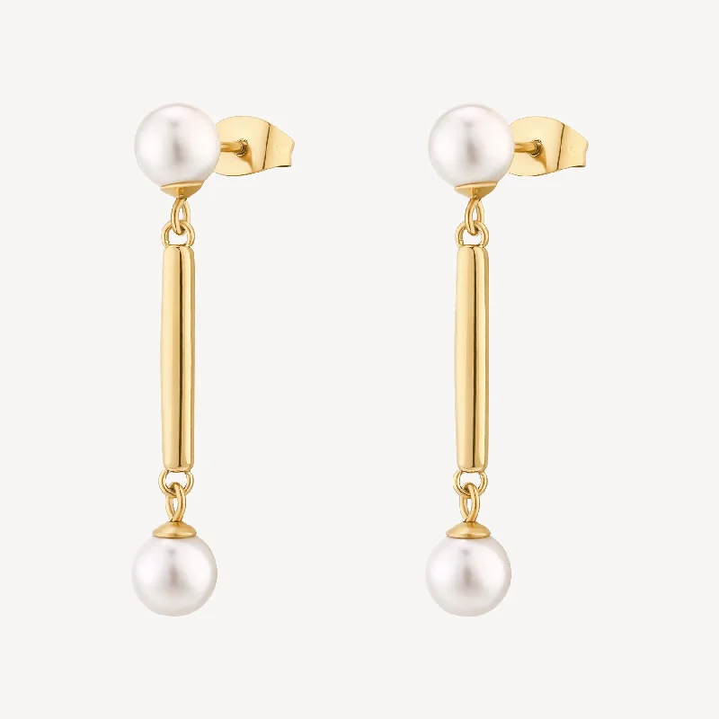 women's minimalist gold hoops -Pearl and Bar Drop Earrings in Gold Plated Stainless Steel