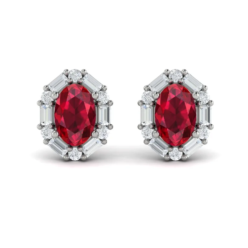 ladies' hoop earrings -Ruby & Diamond Halo Stud Earrings in 14K White Gold