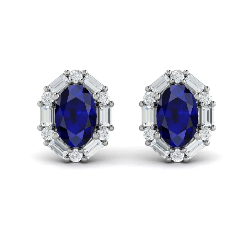 stylish gold earrings for women -Sapphire & Diamond Halo Stud Earrings in 14K White Gold