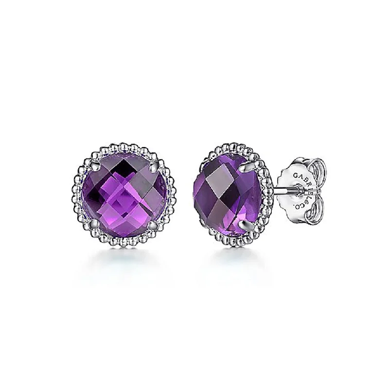 ladies' spiral earrings -Sterling Silver Amethyst Stud Earrings With Bujukan Bead Frame