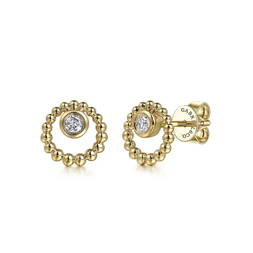 women's crystal earrings -White Sapphire Stud Circle Earrings in 14K Yellow Gold