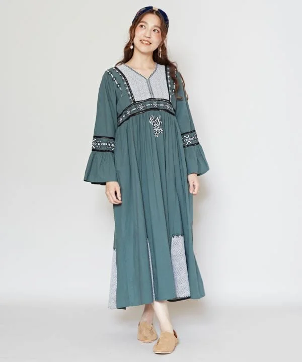 trendy midi dress for women -Flare Sleeve Embroidered Dress