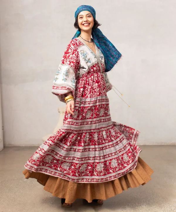 women's bohemian smocked dress -Block Print Dress