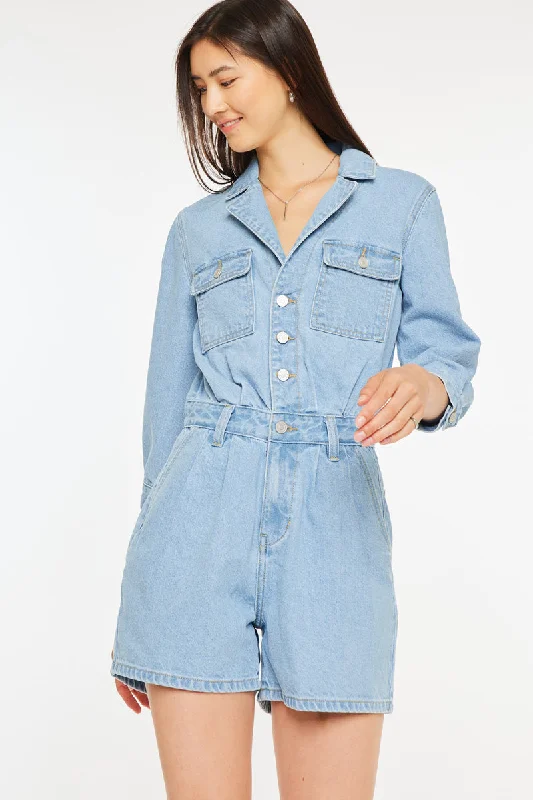 trendy sheer panel dress for women -Aileen Sleeves Denim Romper