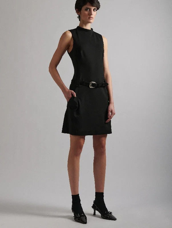 women's belted shirt dress -Black milano jersey pinafore dress