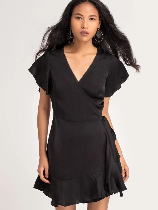 women's tiered ruffle dress -Black Wrap Dress