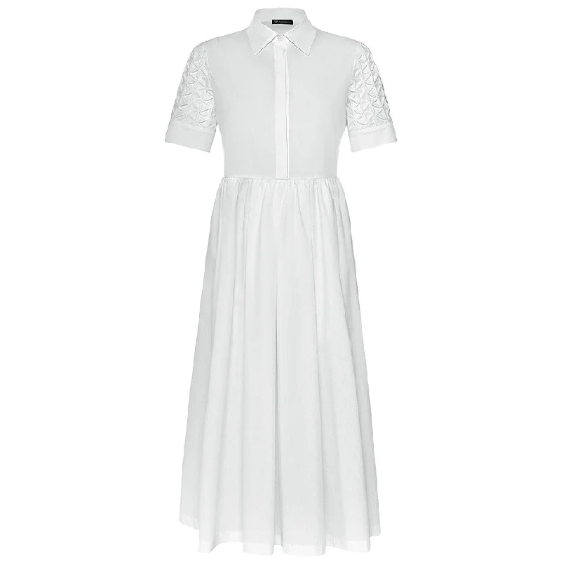 stylish floral ruffle hem dress for women -WHITE "HARU" DRESS WITH STRUCTURED SLEEVES AND FLUID SKIRT