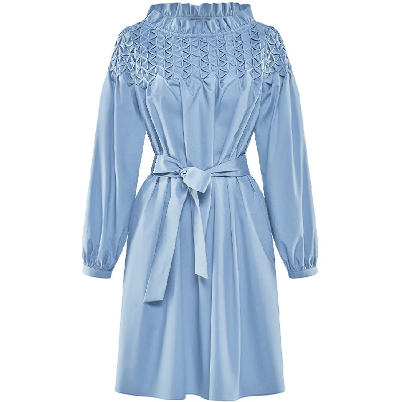 women's lace-up back mini dress -"ISABELLE" DRESS IN BLUE WITH SMOCKED COLLAR