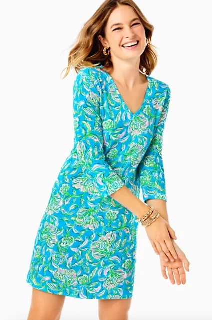 women's high-neck ribbed dress -Lilly Pulitzer Tessa Dress - Cumulus Blue Chick Magnet