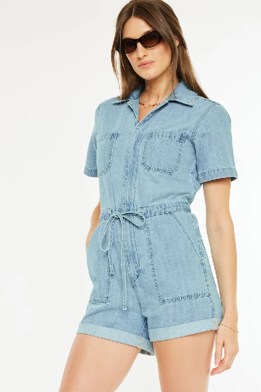 ladies' draped surplice dress -Mailene Sleeves Denim Romper