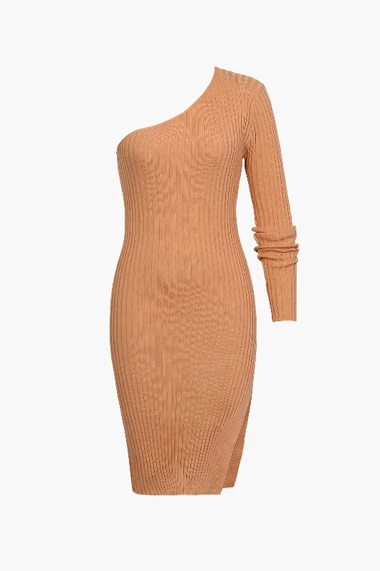 ladies' balloon sleeve dress -One-Shoulder Rib-Knitted Split Dress