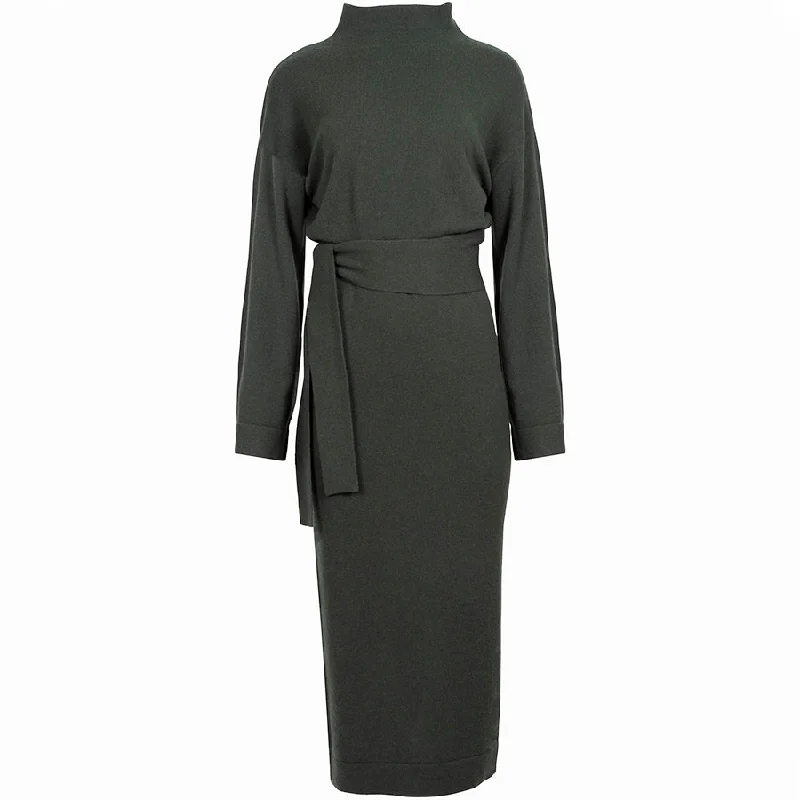 trendy polka dot dress for women -BELTED CASHMERE DRESS "NARAS" IN DARK GREEN