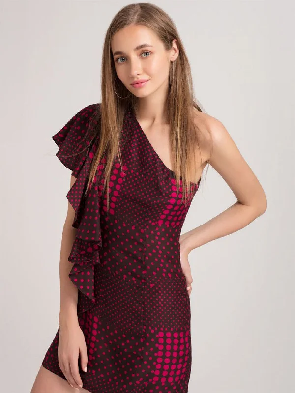 ladies' tie-waist dress -Fuchsia Polka One Shoulder Dress