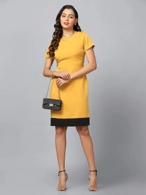 women's faux wrap midi dress -Stretch Sheath Dress- Mustard