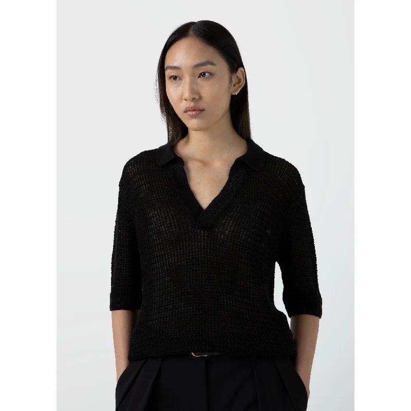 women's romantic puff sleeve dress -Linen Mesh Polo Shirt | Women | Black