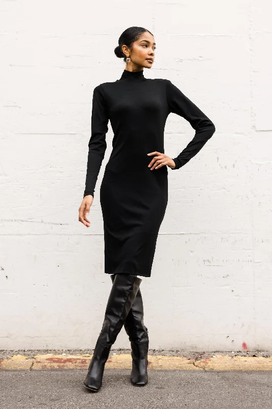 women's deep plunge neckline dress -Knee Length Turtleneck Dress