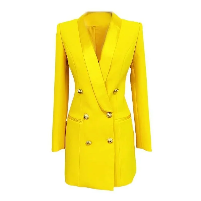 women's ruched satin cocktail dress -Yellow Tuxedo Blazer Dress