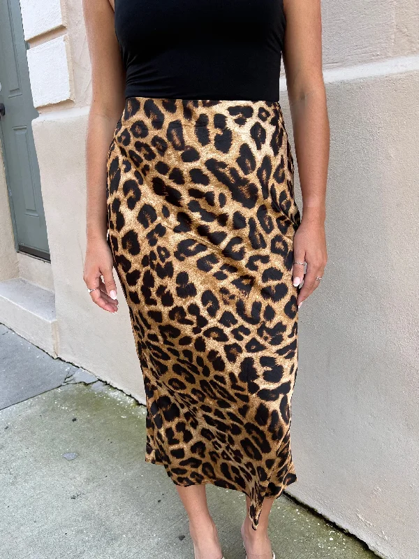 trendy satin skirts for women -BECKHAM MIDI SKIRT IN LEOPARD