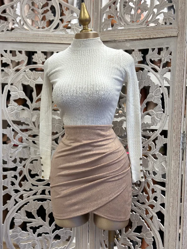 ladies' sequin skirts -Sand Suede Draped Mini Skirt