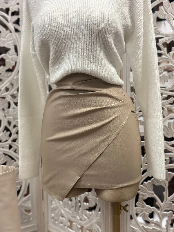 trendy cargo pants for women -Beige Wrapped Faux Leather Skirt