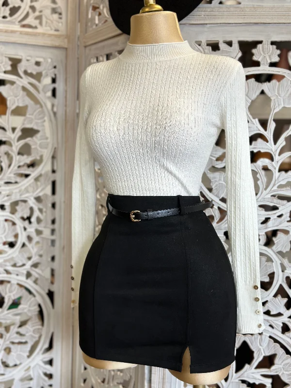 ladies' skinny jeans -Black Suede Mini Skirt with Belt