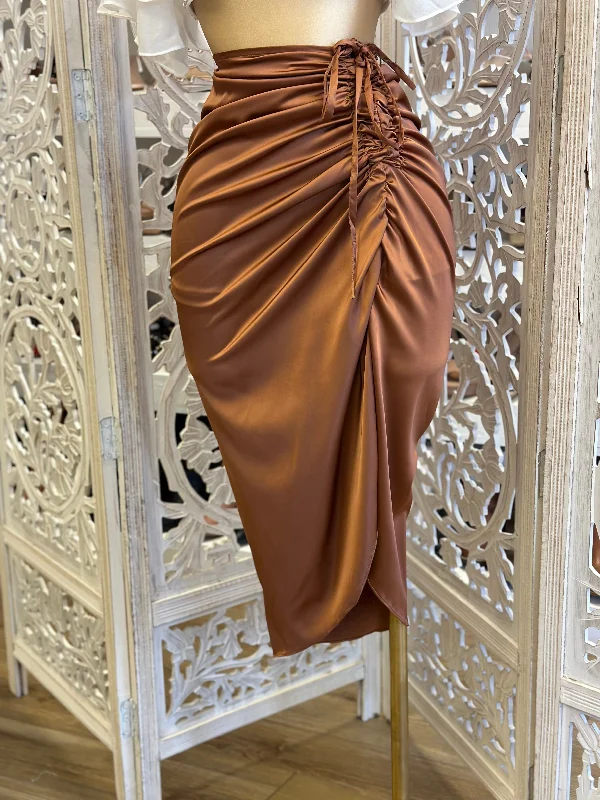 women's palazzo pants -Brown Ruched Satin Midi Skirt- Stretchy