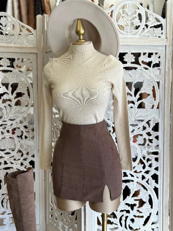 women's wrap-around skirts -Brown Slit Suede Mini Skirt