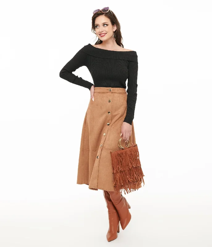 stylish yoga leggings for women -Camel Suede Button Up Midi Skirt