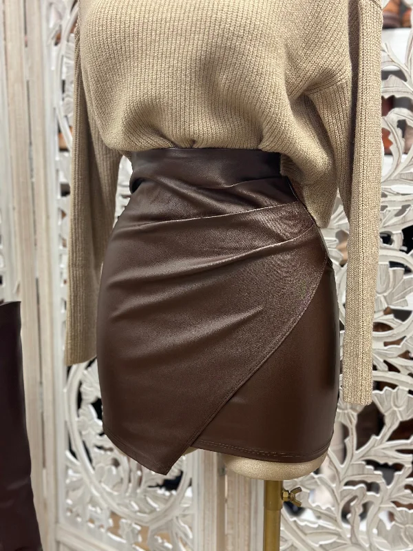 stylish culottes for women -Chocolate Wrapped Faux Leather Skirt