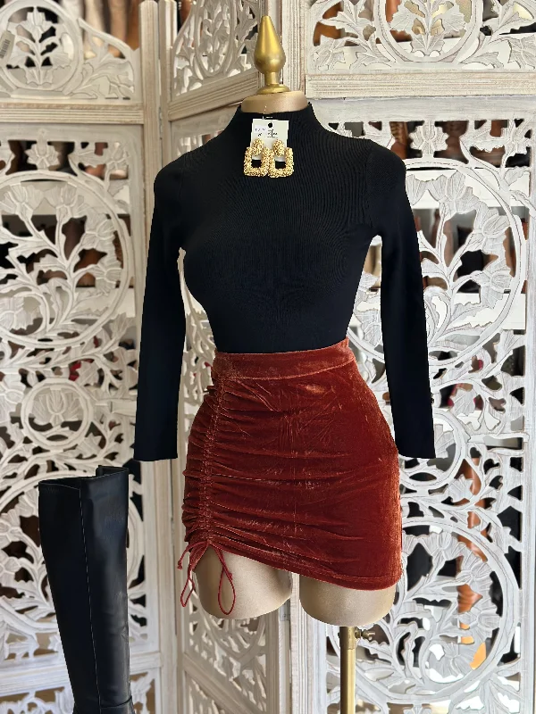 women's draped skirts -Copper Velvet Ruched Mini Skirt