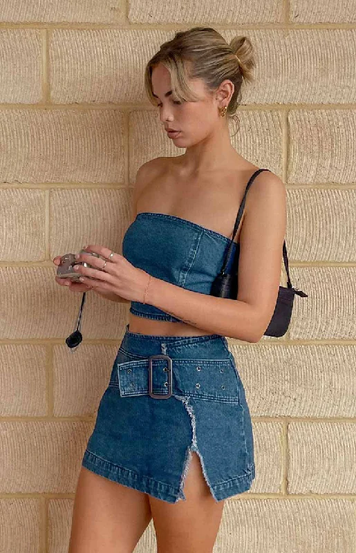 women's palazzo pants -Elouise Buckle Denim Mini Skirt